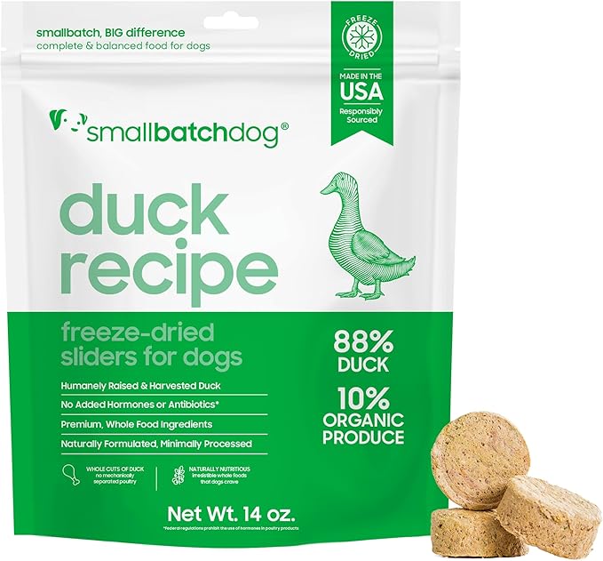 smallbatch Pets Freeze Dried Raw Dog Food, Duck Recipe, 14 oz, Organic High Protein Dog Food, Grain Free, Made in The USA, Humanely Raised Meat, Single Protein, for Picky Eaters, Hydrate & Serve