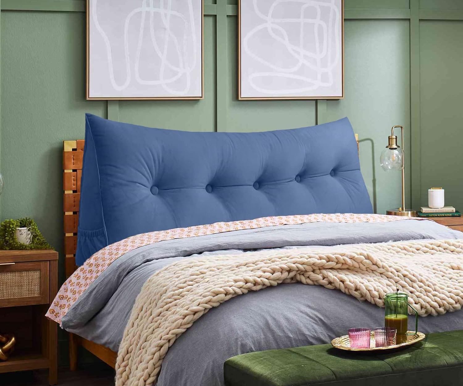 Triangular Reading Bed Rest Pillow Large Bolster Cushion Headboard Backrest Wedge Pillow with Removable Cover and Two Large Side Pockets (Steel Blue, King: 78 x 8 x 20 inches)