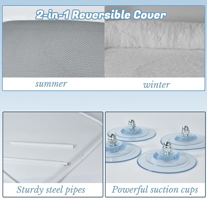 Extra Large Cat Window Perch (23.8×11.8in) - Washable 2-Season Fabric Cover, 4 Strong Suction Cups, Solid Metal Frame - Foldable Cat Hammock for Large Cats/2 Cats, Cordless Design (Grey)