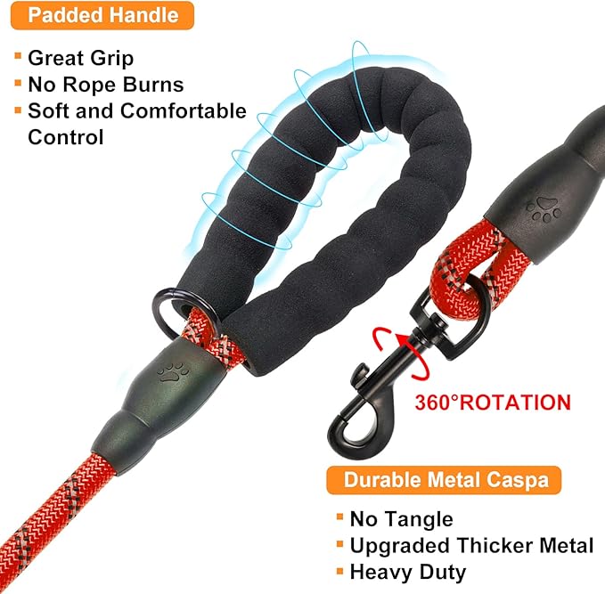 BEAUTYZOO Heavy Duty Rope Dog Leash 3 Pack, 6FT Nylon Pet Leash with Reflective Thread, Soft Padded Handle Thick Lead Strong Dog Leashes for Large Medium Dogs Small Puppy Training 6'*1/2 inch