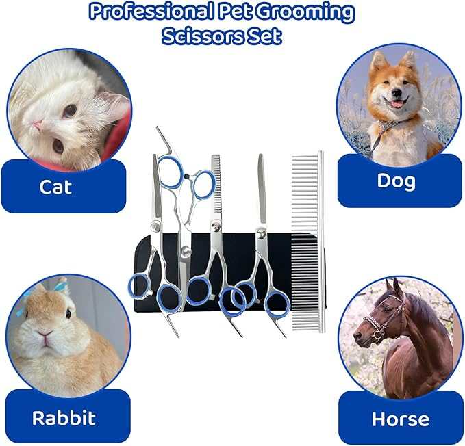 8-in-1 Dog Grooming Kit with Stainless Steel Scissors Professional Dog Trimmer for Grooming Ergonomic Curved Dog Grooming Scissors Perfect for Small and Large Dogs