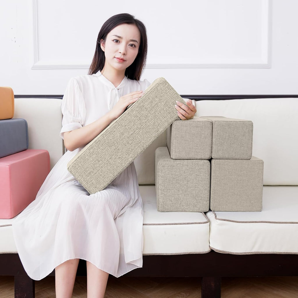 2 Pack Couch Arm Rest Pillow, 8''x8''x20'' Linen Cover, High Density Foam Armrest Cushion, Removable & Washable Elbow Support for Sofa, Bed, and Armchair (Beige)