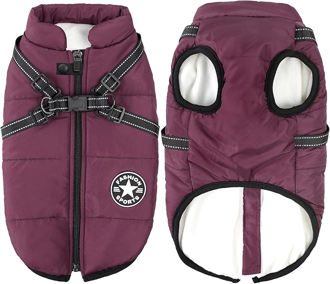 Aiboria Dog Jackets Coat for Winter Windproof Waterproof Skiing Dog Vest Fleece Warm Chest Strap Belt Purple L