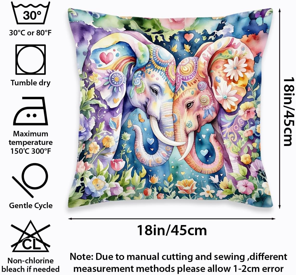 2 Pcs Watercolor Elephant with Floral Decorative Throw Pillow Covers, Cute Colour Elephant Square Decorative Cushion Cover for Women Friend Sister Coworker Birthday Christmas
