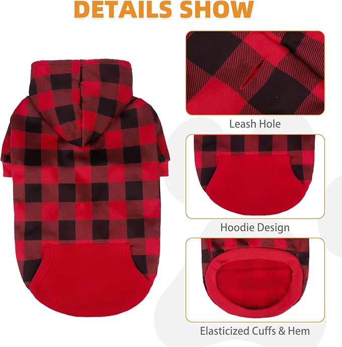 KOOLTAIL Plaid Dog Hoodie Pet Clothes Sweater with Hat and Pocket for Small Medium Large Size Dogs, Soft Winter Warm Dog Cold Weather Coat, Fleece Fall Dog Hooded Sweatshirt for Puppy Cats, Red SM