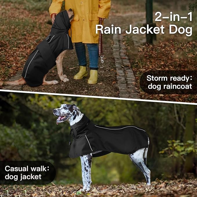 Large Dog Raincoat, Reflective Waterproof Rain Jacket with Convertible Hood/Collar, Lightweight Adjustable Dog Poncho with Leash Hole Full Coverage (Black, L)