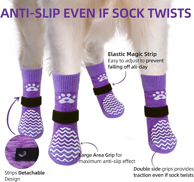 PUPTECK Anti Slip Dog Socks 2 Pairs with Double Grippers for Hardwood Floors, Shoes for Hot/Cold Pavement, Boots & Paws Protectors to Prevent Licking, Traction Booties for Senior Small Large Dogs