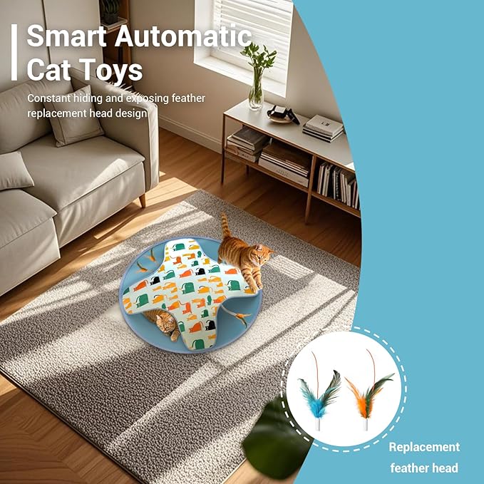 Interactive Cat Toy, 2-in-1 Automatic Cat Toys with Hide/Seek Mode, Moving Concealed Feathers, Two Speed Adjustable & Smart Touch Wake Up - Kitten Play for Indoor Cats (Blue)