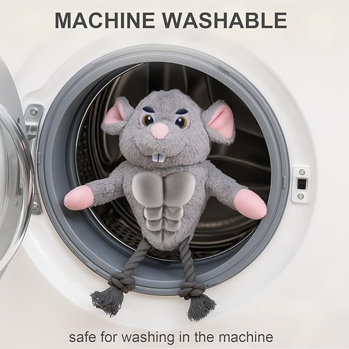 Funny Muscle Mouse Dog Toy – Plush Rat with Squeaky Rubber Chest & Rope Legs, Durable Interactive Chew Toy for Medium & Large Dogs, Cute Stuffed Animal for Tug, Fetch & Dental Play