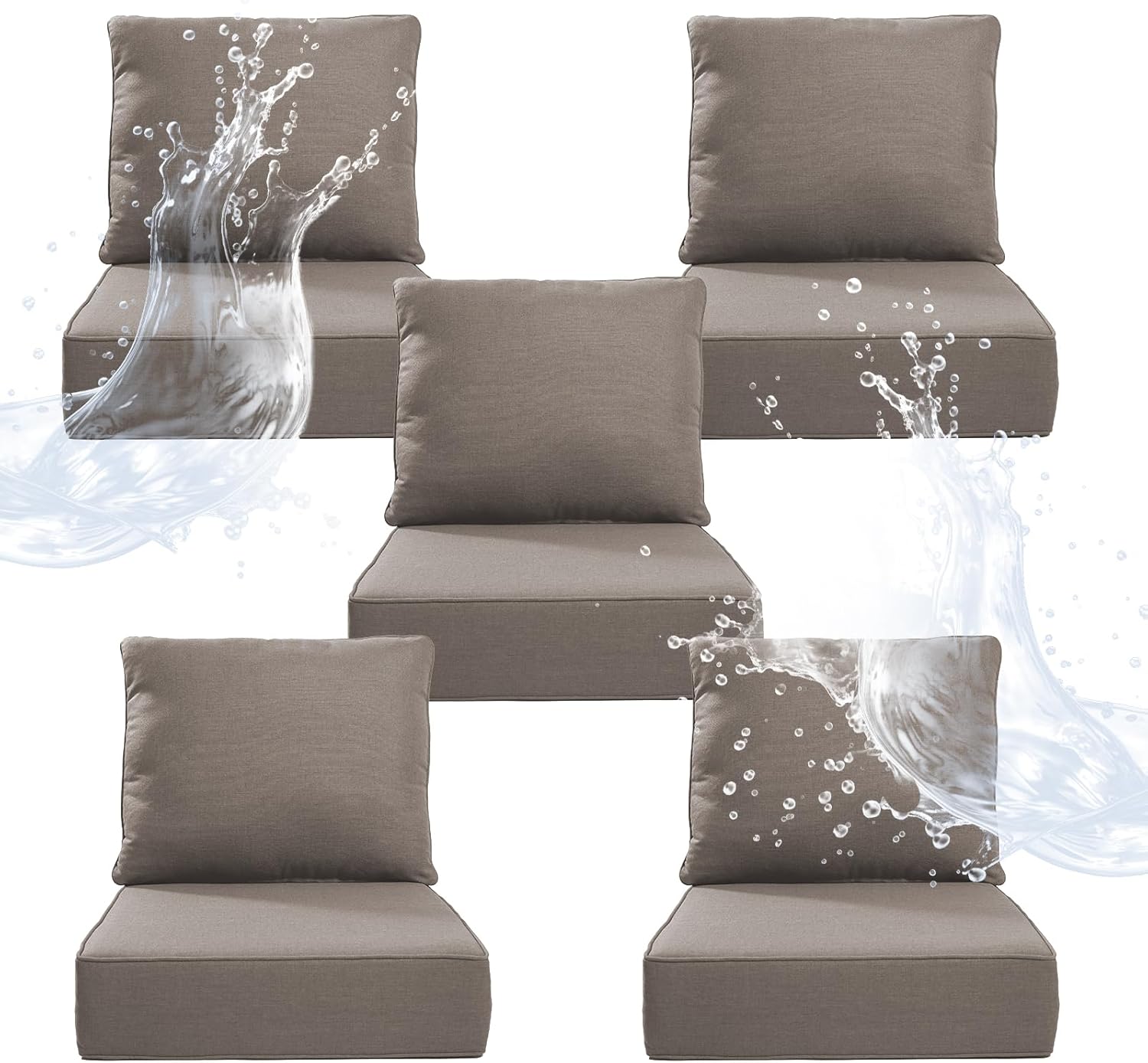 6" Thicker Outdoor Chair Cushion 5 Sets - 24" *24" *6" Waterproof Patio Furniture Cushions with Removable Cover, 28D High Density Sponge Filling Thicken Outdoor Patio Cushions - Grey