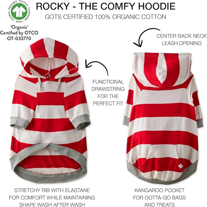 Rocky – The Orginal Lightweight Hooded TEE 100% Organic Cotton Dog Hoodie Pet Coat Sweater for Small, Medium, Large Dogs, Red Bold Stripe, X-Small (5-12 lbs)