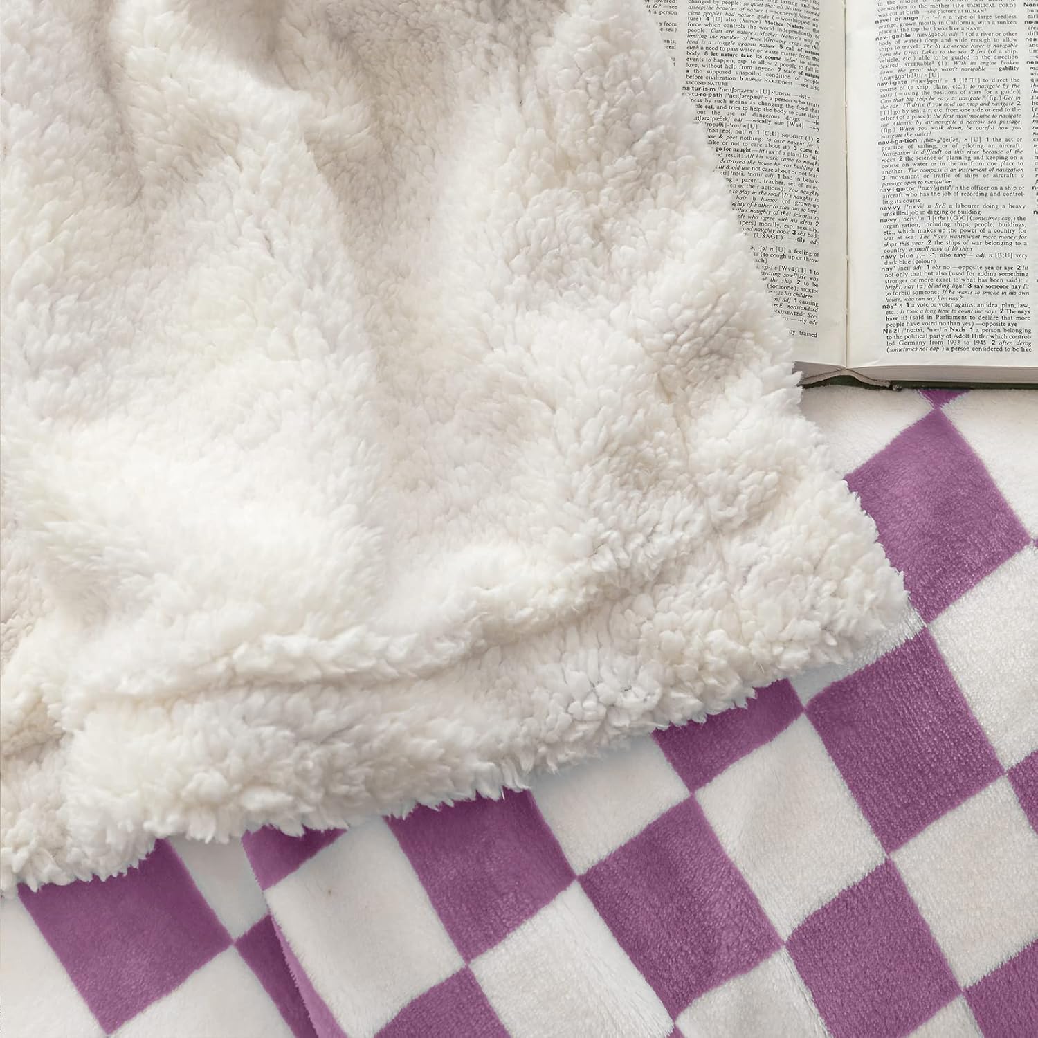 LOMAO Sherpa Throw Blanket Fleece Blanket with Checkered Pattern Soft Thick Blanket for Couch, Bed, Sofa Luxurious Warm and Cozy for All Seasons (Purple, 51"x63")