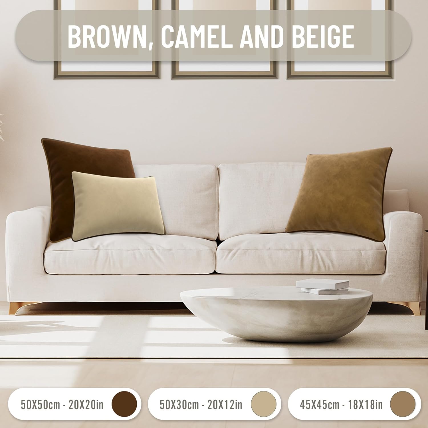 Set of 2 Decorative Throw Pillow Covers Cushion Cases. Soft Velvet. Contrast Pipping Edge. Filling Not Included. (12x20in, Camel/Beige)