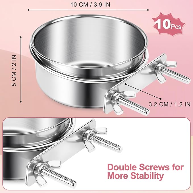 ToLanbbt 10 Pcs Stainless Steel Bird Food Bowls Water with Double Screws and Clamp Holders, Parrot Feeding Dish Cups Parrot Cage Coop Feeders for Cockatiel Conure Budgie Parakeet Macaw Small Animal, S