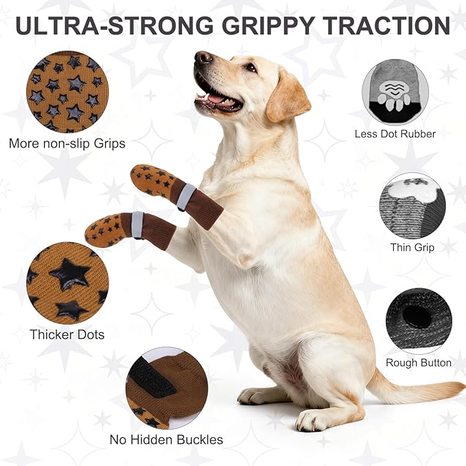 BEAUTYZOO Anti Slip Dog Socks to Prevent Licking Paws, Dog Shoes for Cold Pavement, Grip Socks for Dogs on Hardwood Floors, Dog Booties Alternative, Reflective&Washable Paw Protection for Senior Dogs