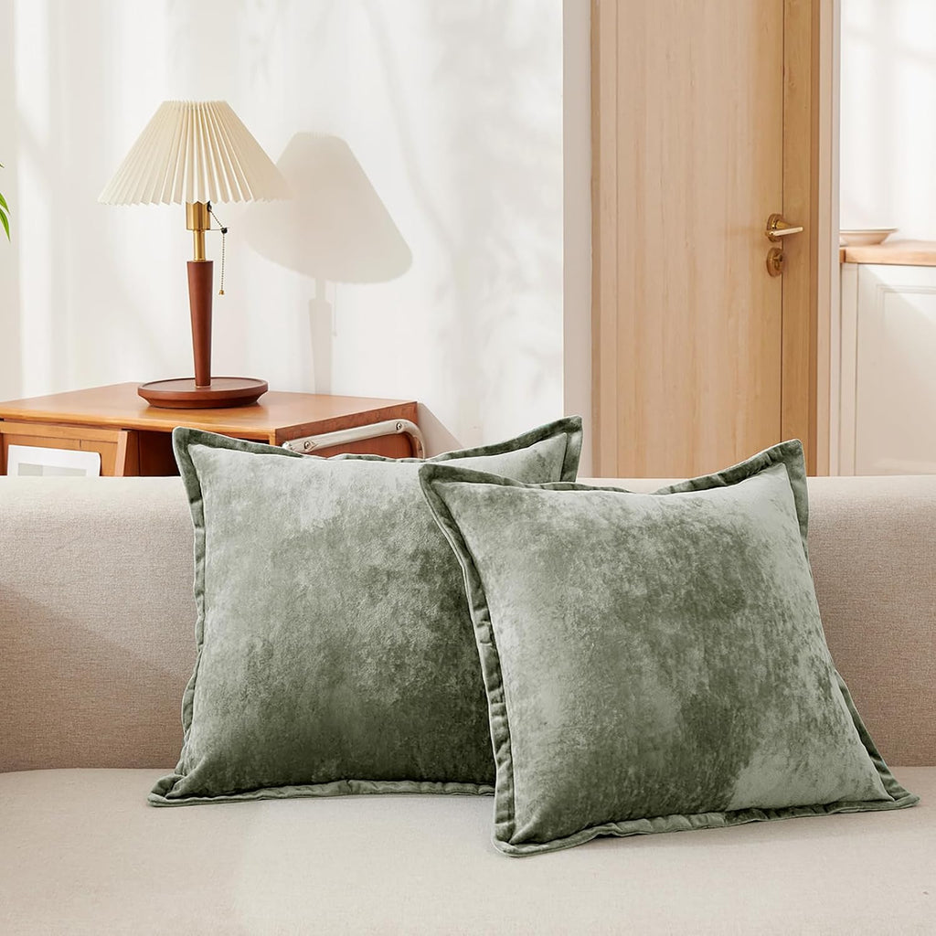 Luxurious Velvet Throw Pillow Covers 20x20 Set of 2 Decorative Pillow Covers Solid Square Cushion Case for Sofa Couch Bedroom Farmhouse, Army Green