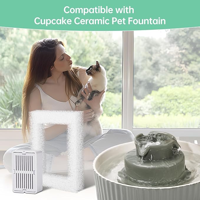 8 Packs Cat Water Fountain Filter for 2.1L/71oz Ceramic Cat Water Dispenser, 8 Carbon Filters & 2 Foam Filters for Porcelain Pet Water Fountain, Multi-Filtration System Activated Carbon Filter