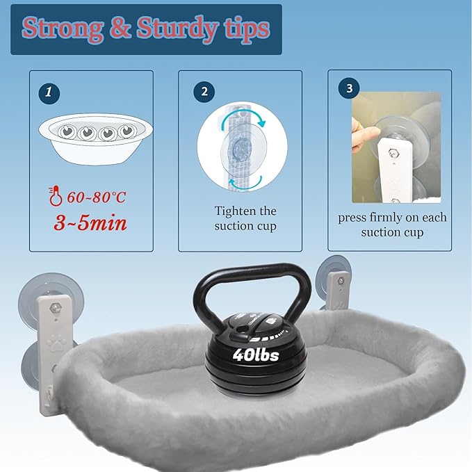 Extra Large Cat Window Perch (23.8×11.8in) - Washable 2-Season Fabric Cover, 4 Strong Suction Cups, Solid Metal Frame - Foldable Cat Hammock for Large Cats/2 Cats, Cordless Design (Grey)