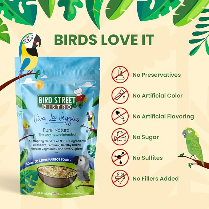 Bird Street Bistro Parrot Food - Parakeet & Cockatiel Food - Cooks in 3-15 min w/ Natural & Organic Grains, Legumes, Non-GMO Fruits, Vegetables & Health-Oriented Spices