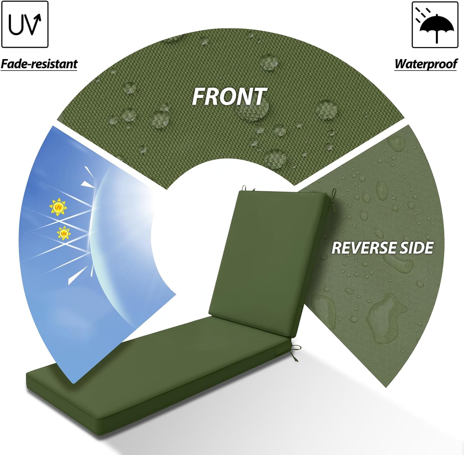 AAAAAcessories Outdoor Chaise Lounge Cushions, Waterproof, Fade-Resistant Patio Furniture Replacement Cushions, 74" x 23" x 3", Set of 2, Woodland Green