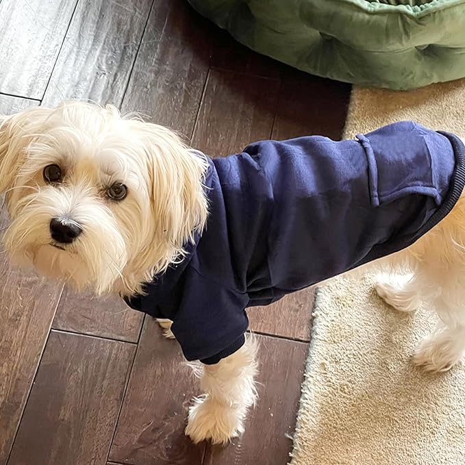 Jecikelon Winter Dog Hoodie Sweatshirts with Pockets Warm Dog Clothes for Small Dogs Chihuahua Coat Clothing Puppy Cat Custume (Navy, Small)