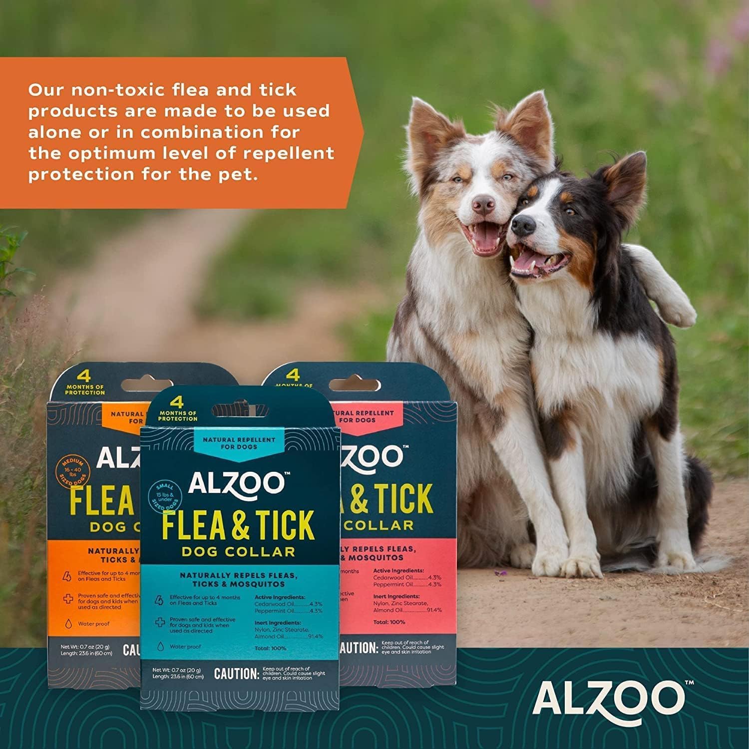 ALZOO Natural Flea & Tick Dog Collar - Helps Repel Fleas, Ticks & Mosquitoes - 100% Plant-Based Active Ingredients - Waterproof - Up to 4 Months Protection - Medium-Sized Dogs: 16-40 lbs - Pack of 3