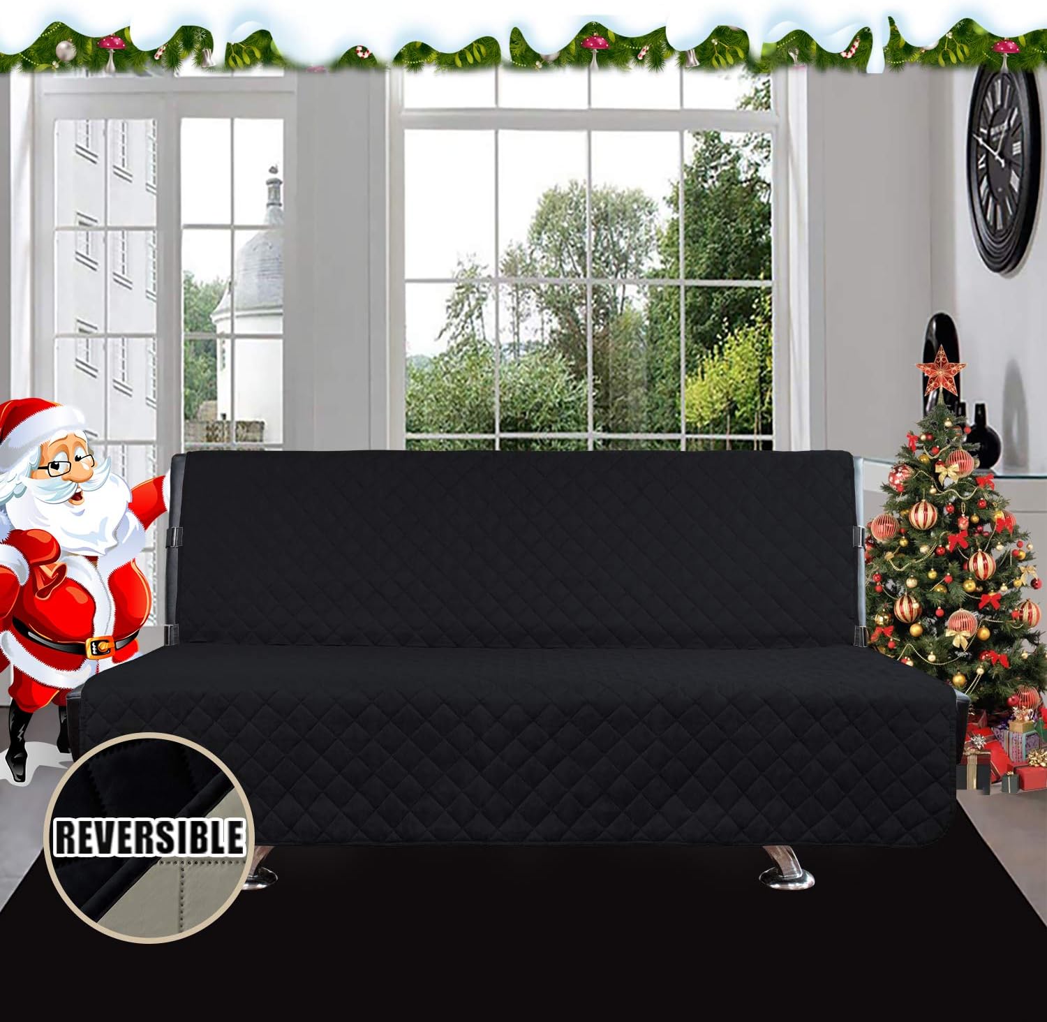 Easy-Going Futon Sofa Slipcover - Reversible Armless Couch Cover - Water Resistant for Pets & Kids (Black/Beige)