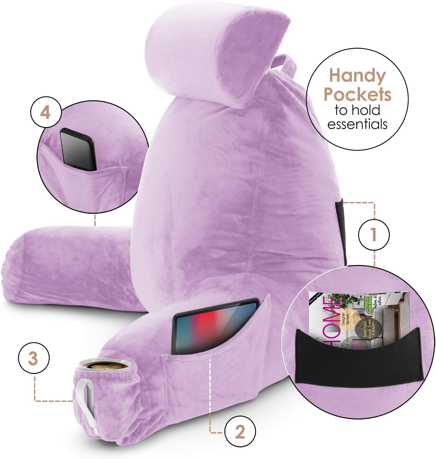 Nestl Reading Pillow with Shredded Memory Foam Includes 2 Neck and Lumber Support Pillows, Designed for Sitting Up in Bed and Couch, Back and Arms Adjustable Support for Adult & Teens, Lavender