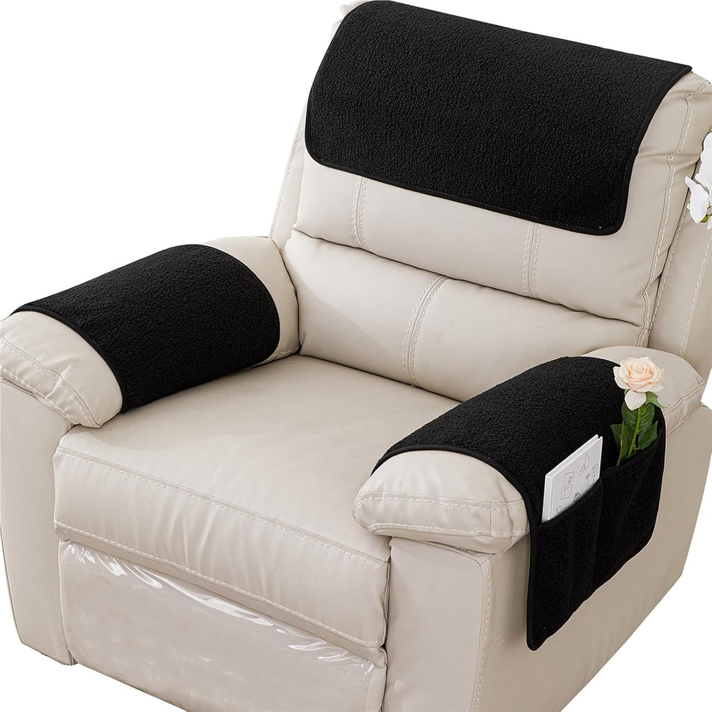 Armrest Cover, Recliner Chair Protector, Furniture Protector Slip, Side Storage Pocket, Stretch Armchair Couch Arm Rest Cover for Recliner, Chair, Sofa (Black,1 Seater(3pcs))
