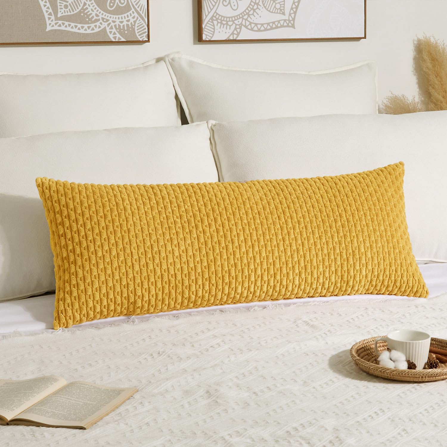 Kevin Textile 14x36 Inch Long Lumbar 1 Pack Boho Decorative Throw Pillow Cover Soft Striped Corduroy Rectangle Cushion Case Farmhouse Solid Color Accent for Living Room Couch Sofa Bed, Mustard Yellow