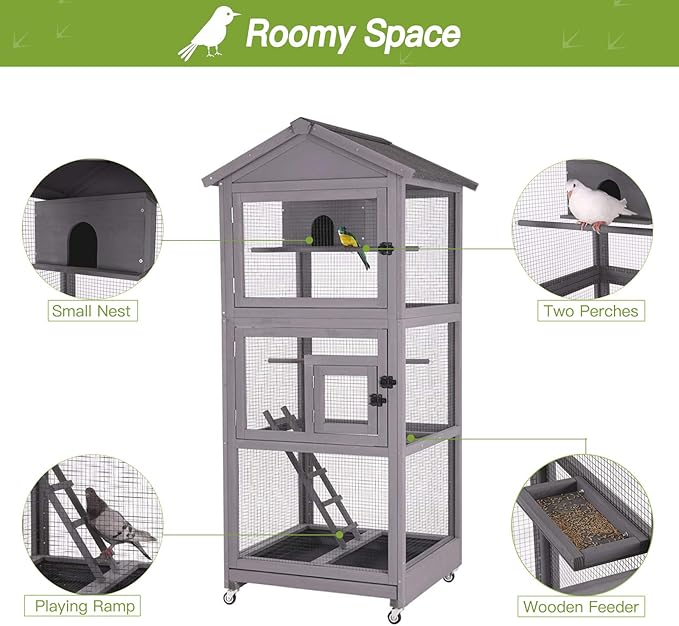 GUTINNEEN Outdoor Bird Aviary Wooden Large Bird Cage on Wheels, Featuring Play Stand, Perches, Nest Habitat, Include Wire Mesh Above Bottom Tray Easy to Clean