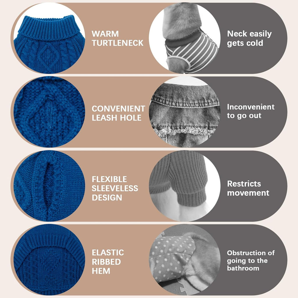 BINGPET Thermal Knitted Dog Sweater for Small Medium Large Dogs,Winter Dog Cat Coat Warm Sweartershirts Outfits,Classic Cable Knit Turtleneck Pullover Dog Jumper Coat Warm Sweartershirts(Blue,ML)