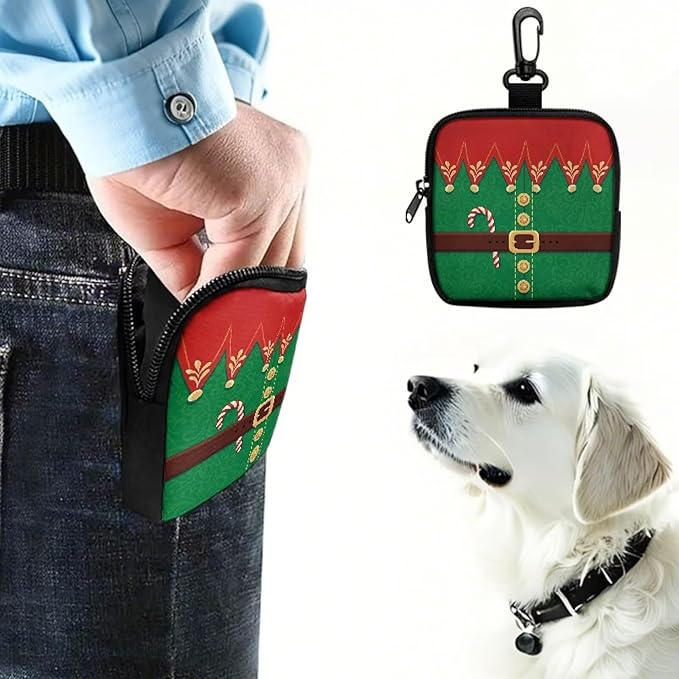 KEIAHUAN Christmas Treat Pouch for Dog Training Portable Pet Training Treat Bag with Metal Clasp & Carabiner, Pet Feed Snack Reward Pocket, Dog Poop Bag Holder, Small Coin Purse, Ugly Xmas Elf