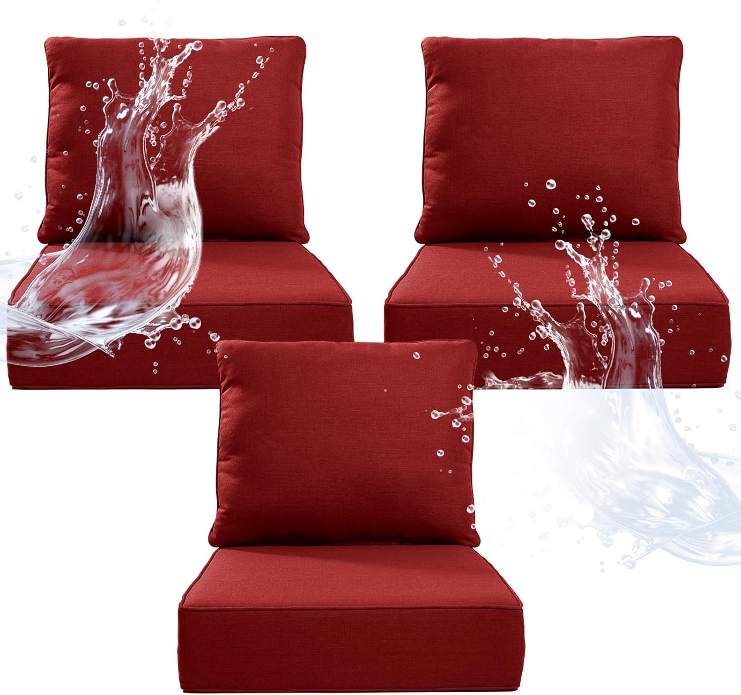 6" Thicker Outdoor Chair Cushion 3 Sets - 24" *24" *6" Waterproof Patio Furniture Cushions with Removable Cover, 28D High Density Sponge Filling Thicken Outdoor Patio Cushions - Red