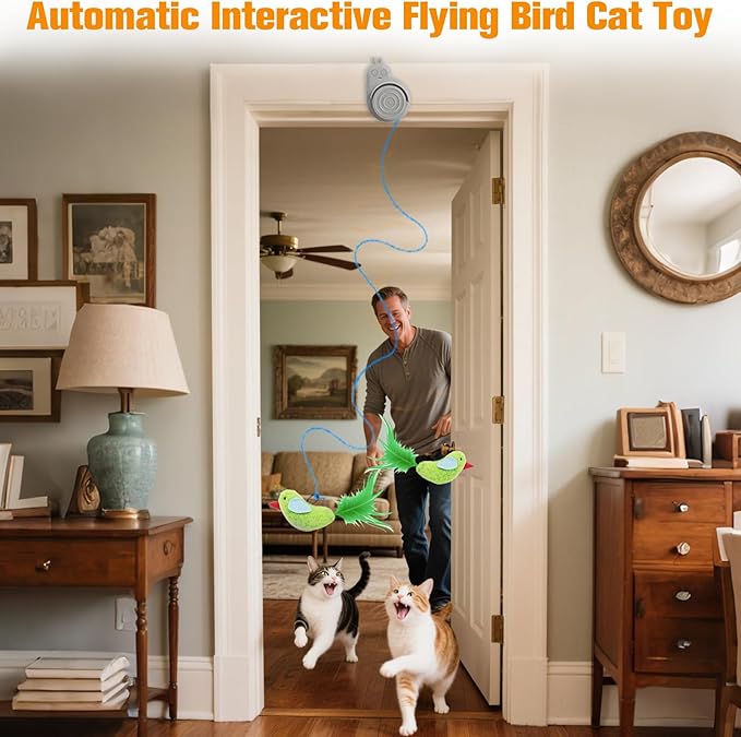 Interactive Cat Toys for Indoor Cats Automatic Electric Flying Bird Feather Cat Toy - Best Kitten & Adult Cat Enrichment Toy Stick-on Hanging Electric Kitty Toys for Bored Cats
