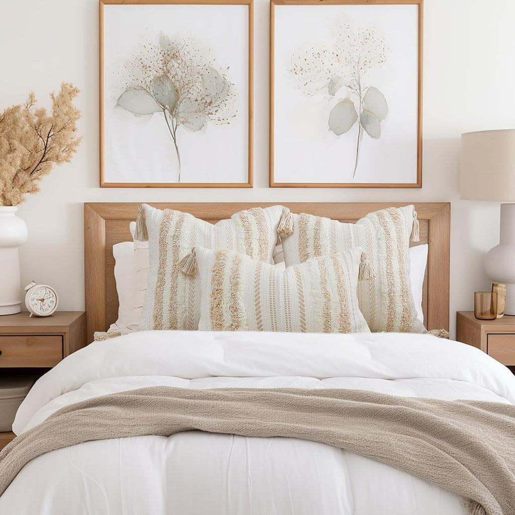 decorUhome Decorative Boho Throw Pillow Covers 20x20 Set of 2, Accent Neutral Textured Tufted Pillow Covers Striped for Couch Bed Sofa Living Room, Khaki and Cream White