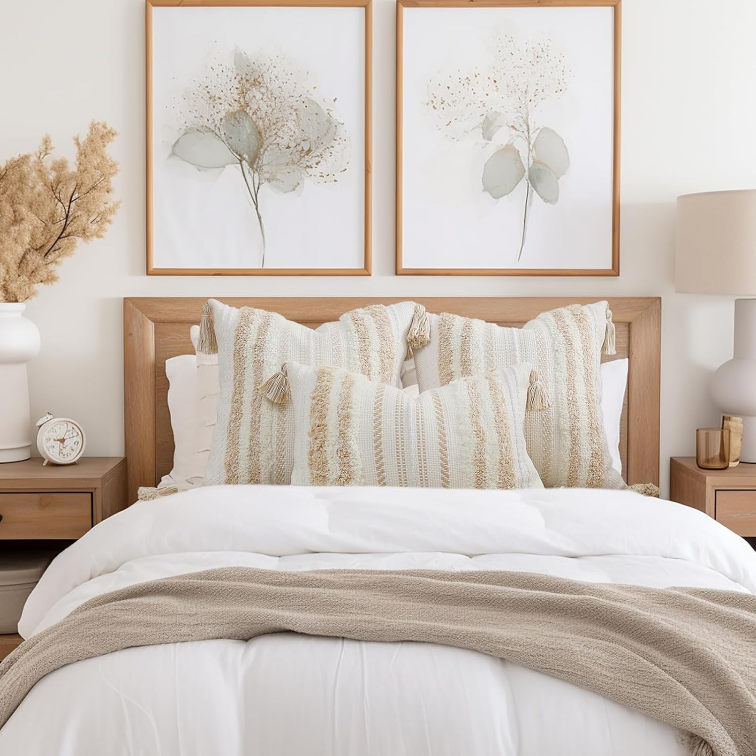 decorUhome Decorative Boho Throw Pillow Covers 12x20 Set of 2, Lumbar Accent Neutral Textured Tufted Pillow Covers Striped for Couch Bed Sofa Living Room, Khaki and Cream White