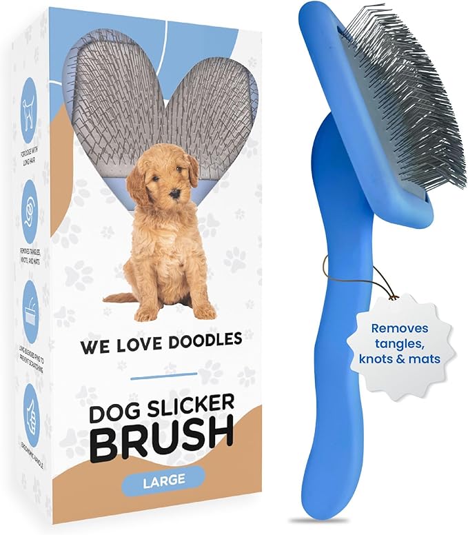 Slicker Brush for Dogs, Dog Grooming Supplies - Best Doodle & Poodle Brush for Long Haired Dogs - Goldendoodle Long Pin Detangler For Dematting (Large Curved)