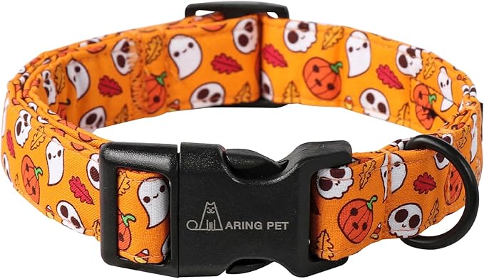 ARING PET Halloween Dog Collar, Cute Orange Ghost Pumpkin Leaves Cotton Lightweight Pet Collars with Quick Release Buckle for Puppy Small Medium Large Boy Girl Dogs-XS