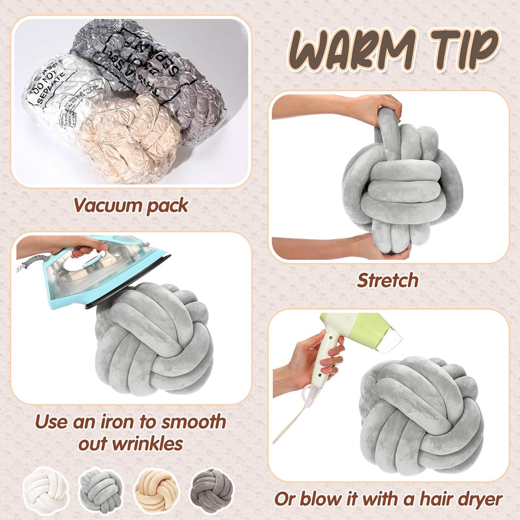 Yerliker 4 Pcs Knot Pillow Ball, 8.7 Inches Soft Home Decorative Round Throw Pillow Handmade Knotted Plush Accent Cushion Gifts for Nursery Decor Home Bed Sofa Bedroom Decoration