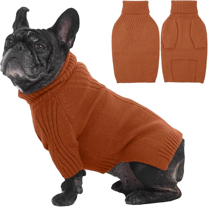 IECOii Dog Sweaters for Medium Dogs Girl Boy,Holiday Knit Doggy Sweatshirt with Sleeve,Turtleneck Thick Warm Dog Sweaters for Winter,Pullover Knitwear for French Bulldog,Boston Terrier (Caramel, L)