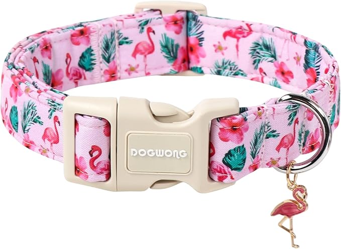 DOGWONG Flamingo Dog Collar - Adjustable Summer Hawaiian Dog Collar for Girl and Boy Dogs with Quick Release Buckle