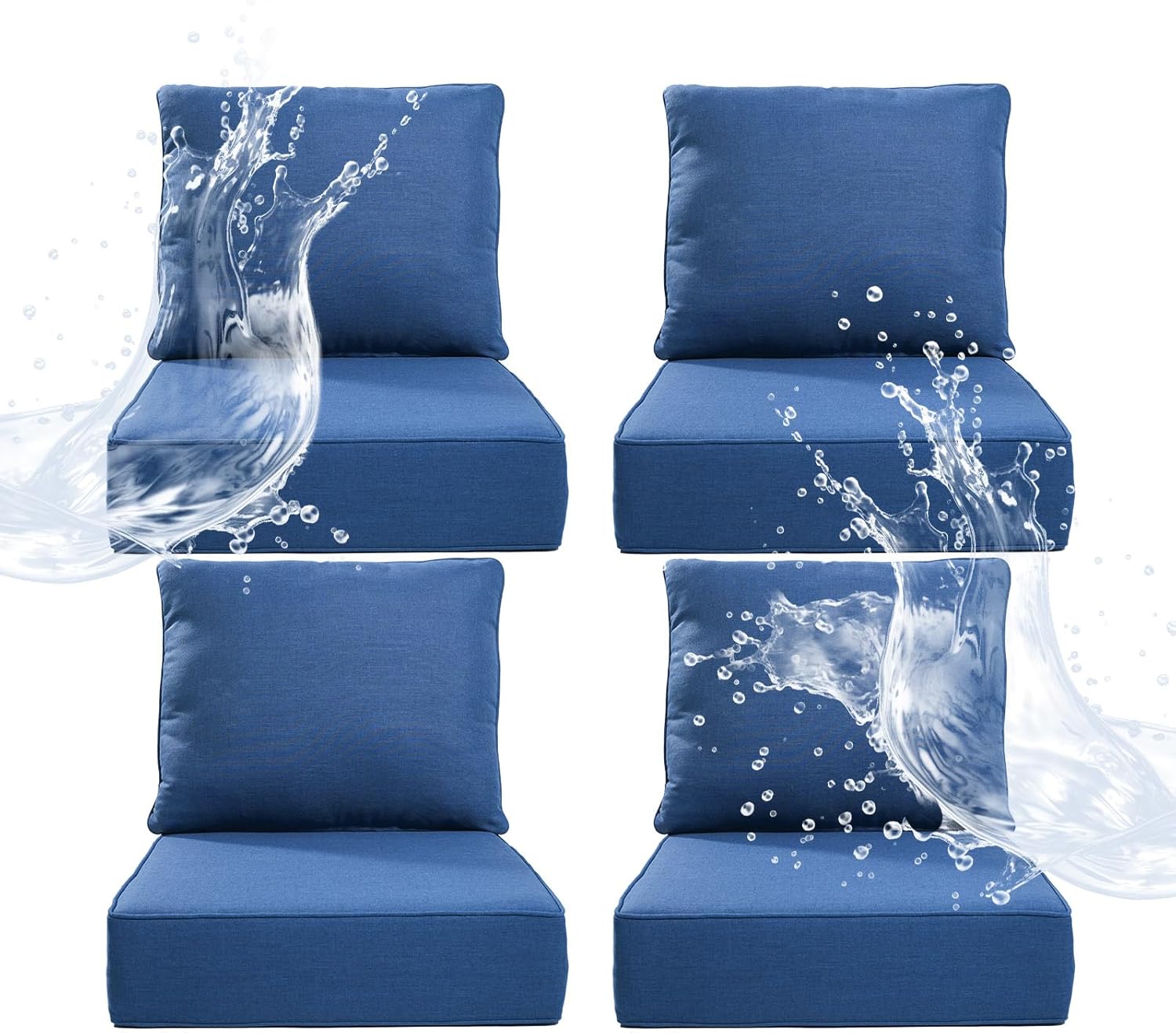 6" Thicker Outdoor Chair Cushion 4 Sets - 24" *24" *6" Waterproof Patio Furniture Cushions with Removable Cover, 28D High Density Sponge Filling Thicken Outdoor Patio Cushions - Blue
