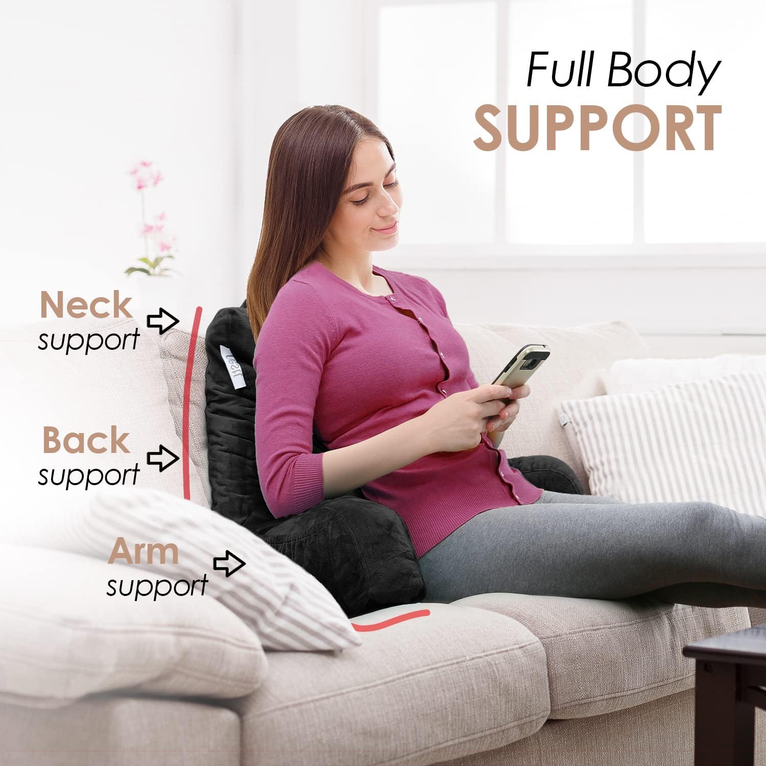 Nestl Reading Pillow with Shredded Memory Foam, Designed for Sitting Up in Bed and Couch, Back and Arms Adjustable Support for Adult & Teens Backrest Pillows for Reading, with Washable Cover Black