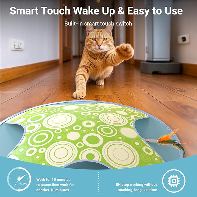 Interactive Cat Toy, 2-in-1 Automatic Cat Toys with Hide/Seek Mode, Moving Concealed Feathers, Two Speed Adjustable & Smart Touch Wake Up - Kitten Play for Indoor Cats (Green)