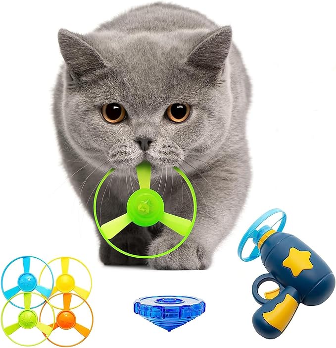 7 Piece Cat Fetch Toys, Interactive Flying Cat Toy with 5 Flying Propellers,1 Spinning Tops, Dog Cat Pet Tracks Chasing Toy for Indoor Cats (Dark Blue)