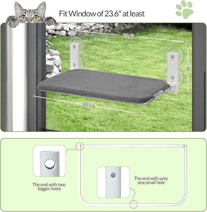 keny Cordless Foldable Cat Window Perch, Reversible Cover with Two Different Kinds of Fabrics, Dark Grey