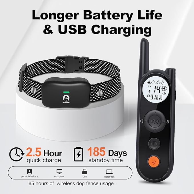 MIMOFPET Wireless Dog Fence for 2 Dogs - Covers up to 856-Acre Electric Fence,185 Days Standby Time Training Collar,Pet Containment System with 3 Training Mode,Flash Light and Waterproof