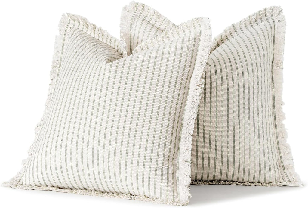 MIULEE Pack of 2 Sage Green Pillow Covers 24x24 Inch Striped Farmhouse Couch Throw Pillow Covers with Fringe Chic Linen Decorative Cushion Eruo Sham for Sofa Living Room Bed Outdoor Home Decor