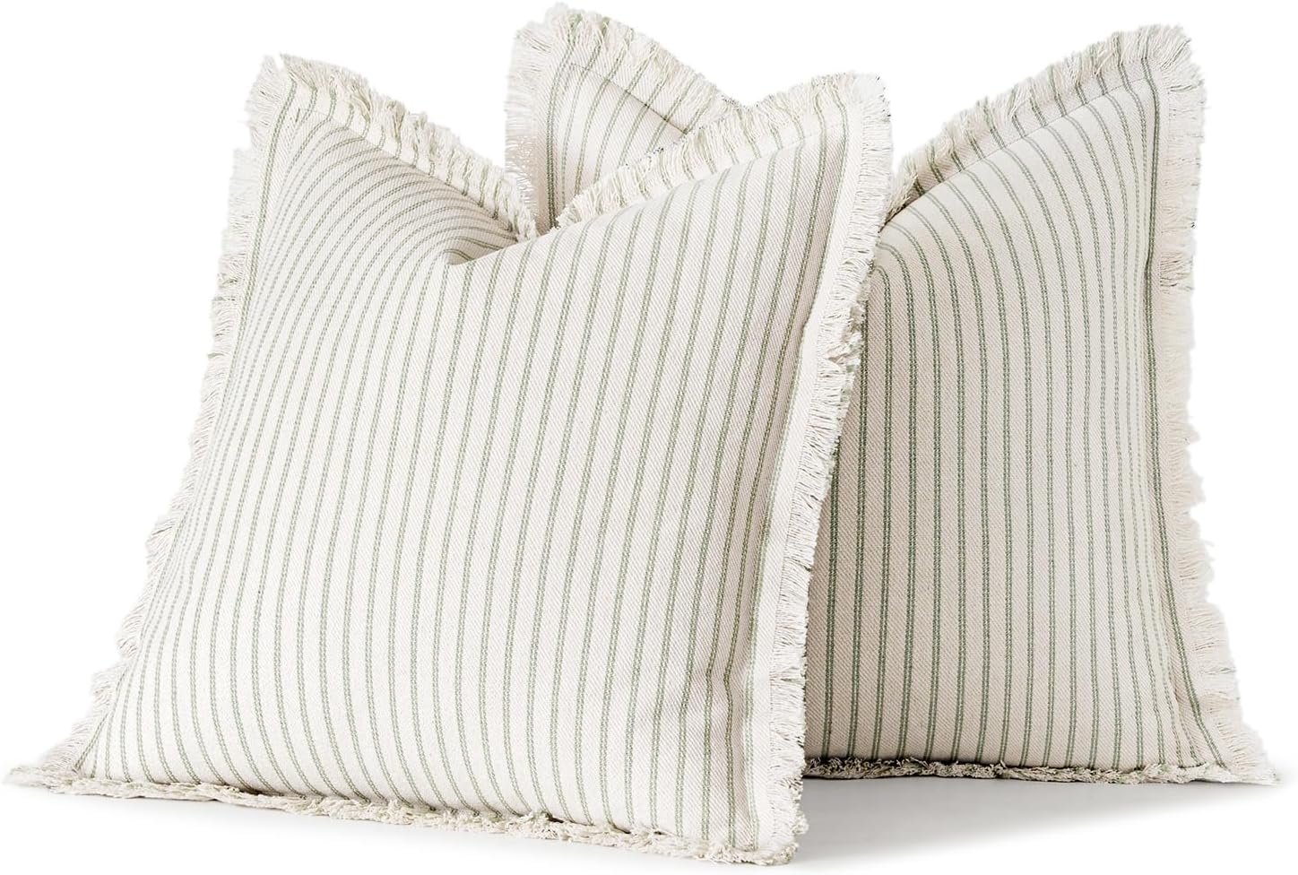 MIULEE Pack of 2 Sage Green Pillow Covers 26x26 Inch Striped Farmhouse Couch Throw Pillow Covers with Fringe Chic Linen Decorative Cushion Eruo Sham for Sofa Living Room Bed Outdoor Home Decor